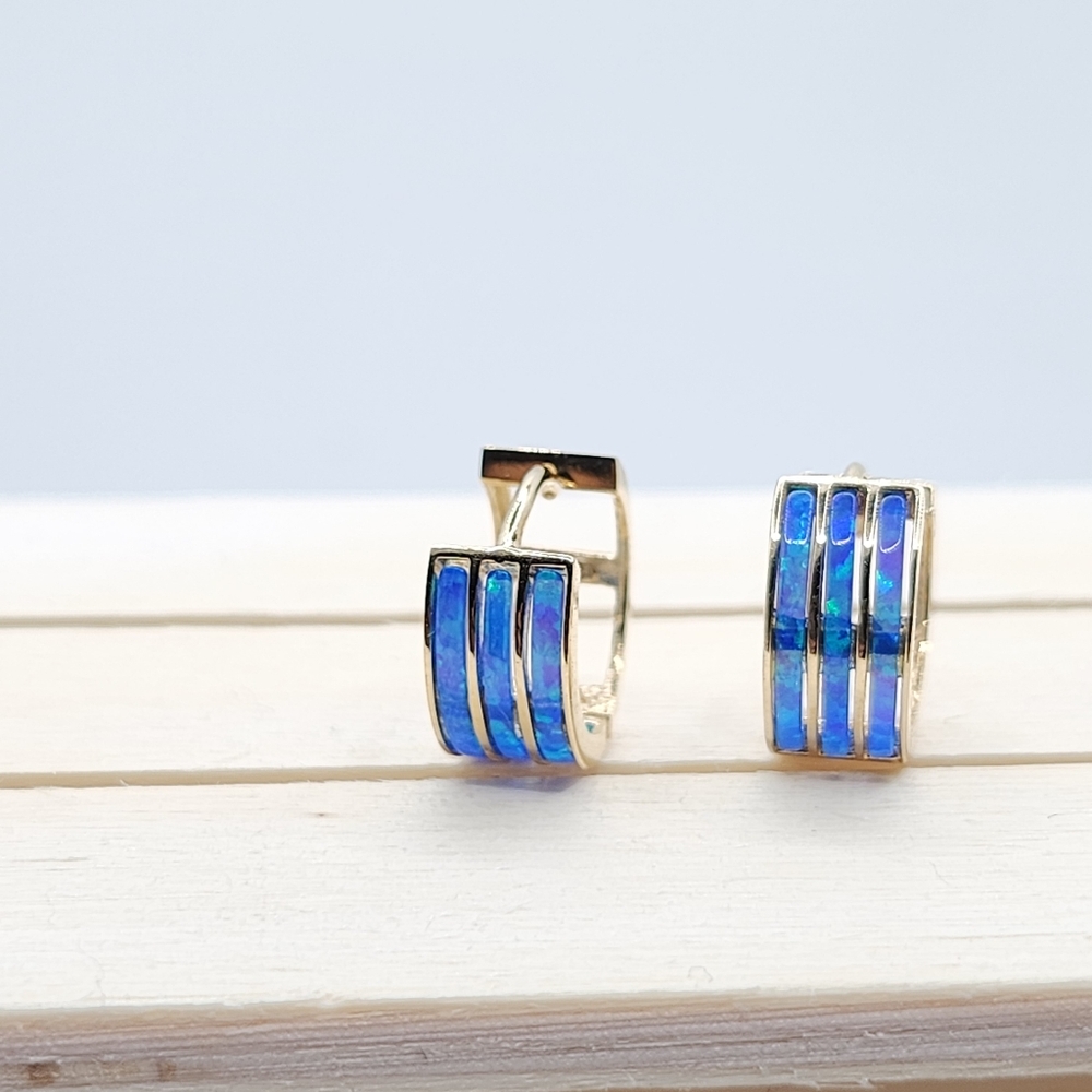 14k solid yellow gold dark blue opal hoop earrings for women